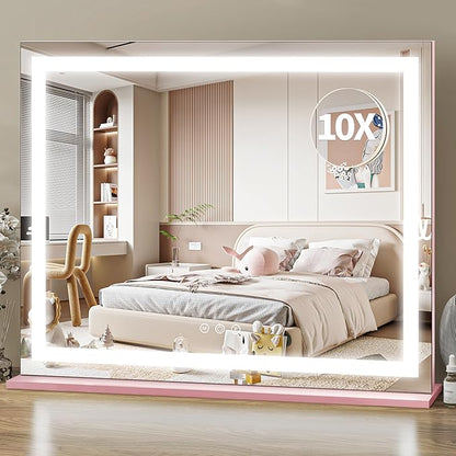 ROLOVE Pink Makeup Mirror with Lights 23x19 Inch, 3-Color Dimmable LED & Touch Control，10X Magnification - Pink Vanity Mirror for Dressing Room (Wall/Tabletop Mount) - Gifts for Women,Teengirls