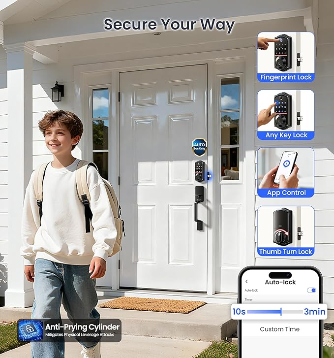 Veise VE017-D Fingerprint Smart Front Door Lock Set, App Control, 8-in-1 Keyless Entry Deadbolt with Lever Handle, Emergency Power Port, Auto Lock, Touchscreen Keypad, Easy Install, Matte Black