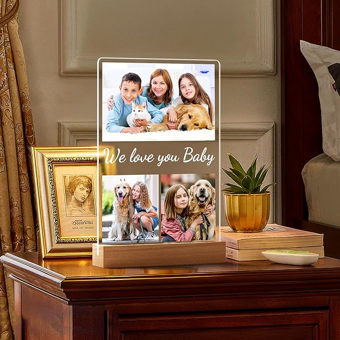 Custom Collage Picture Frames with Photo, Personalized Photo Frame with Night Light, Personalized Picture Frame, Customized Birthday Gifts for Baby Kids Girls Boys Pet Friends Family