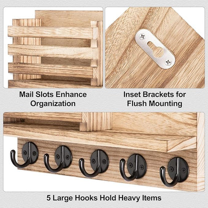 Key Holder for Wall – Decorative Wooden Mail Holder and Key Shelf with Mounting Hardware, Installation Guide – Paulownia Wood with 5 Metal Key Hooks (11.8” x 6.7” x 2.8”)