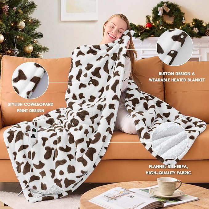 Cow Print Heated Electric Blanket Twin,62X84 Brown Heating Blanket with 10 Heats Levels & 8 Hours Auto Off,Cute Cow Decor Fleece Sherpa Blankets Warmer Gifts for Women Couch Office,Washable