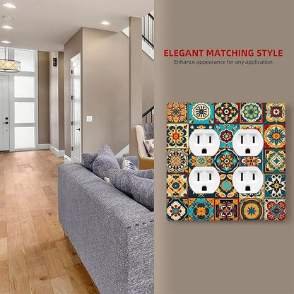 Mexican Talavera Ceramic Tile Moroccan Boho Outlet Covers 2 Gang Double Duplex Decorative Light Switch Covers Electrical Wallplates Socket Faceplate for Bathroom Kitchen Decor