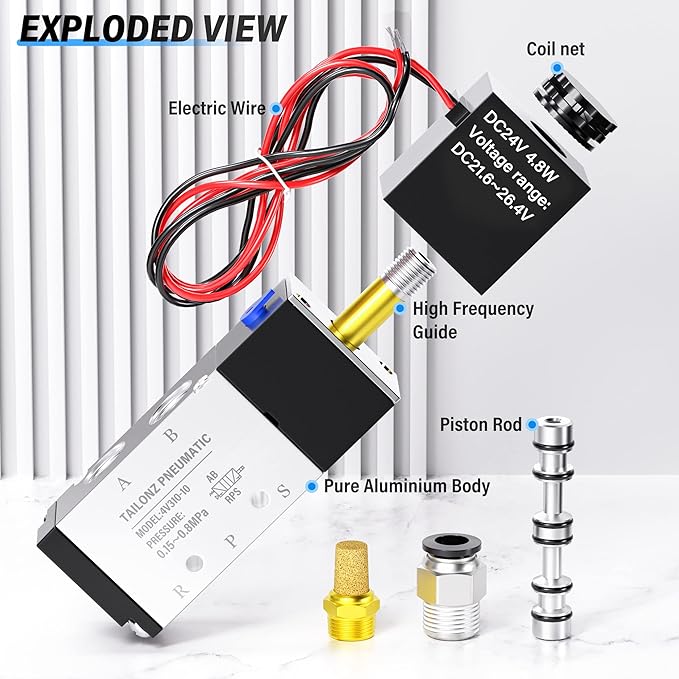 TAILONZ PNEUMATIC 3/8"NPT 24V Solenoid Valve 4V310-10 12V/24V/110V/220V Single Coil Pilot-Operated Electric 2 Position 5 Way Connection Type（Outlet wire）
