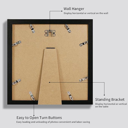 iRahmen 12x12 Picture Frame Set of 4 with Tempered Glass, Black Frame Display 10x10 Picture with Mat or 12 x 12 Without Mat, Wood Square Photo Frames for Desktop Display and Wall Mounting