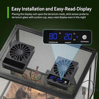 2 PCS Reptile Fans with Thermo-hygrometer | Real-Time Humidity Control Fan Dehumidifier for Enclosures, Aquariums & Terrariums