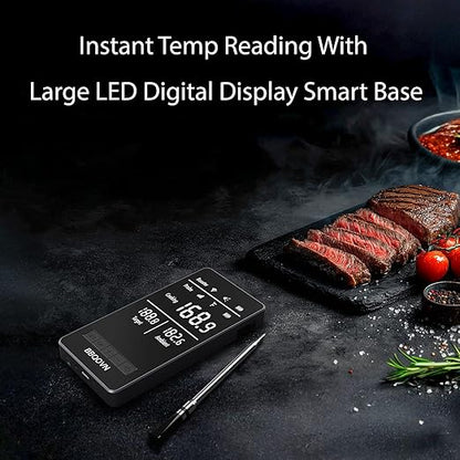 WiFi Sub-1G Wireless Meat Thermometer Unlimited Range 7 NIST Cert.Sensors IP68 With Ambient Temp Accuracy ±0.5°F APP&Magnet Smart Digital Base,Monitor for BBQ, Grill,Oven,Smoker(1,Black,Small)
