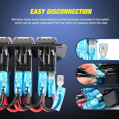 Nilight 6 Gang Rocker Switch Panel 5Pin On Off Toggle Aluminum Holder 12V 24V Dash Pre-Wired Green Backlit Switches for Automotive Cars Marine Boats RVs Truck