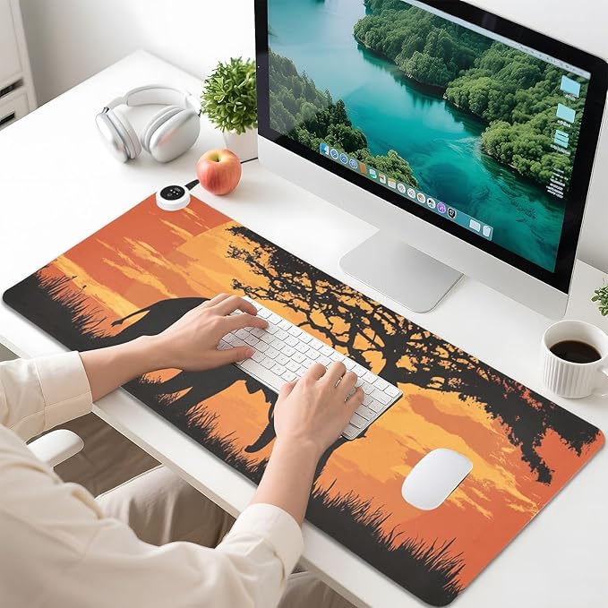 Heated Desk Pad Mouse Pad 31.5x13 Inch PU Leather Desk Mat with 3 Heat Levels Large Mouse Gaming Computer Laptop Mat Elephant Silhouette Sunset Red