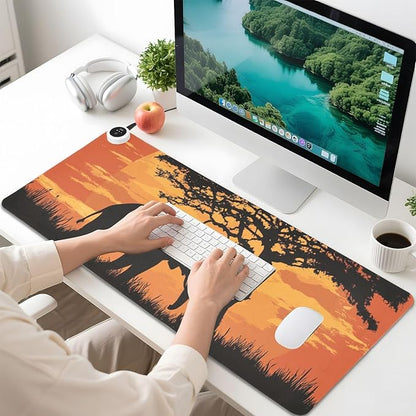 Heated Desk Pad Mouse Pad 31.5x13 Inch PU Leather Desk Mat with 3 Heat Levels Large Mouse Gaming Computer Laptop Mat Elephant Silhouette Sunset Red