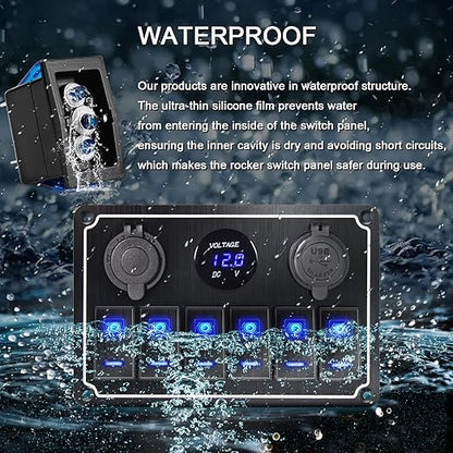 Waterproof Toggle Switch Panel 6 Gang 12V/24V Aluminum Rocker Switch Panel with Dual USB Charger Socket Voltmeter, Pre-Wired Multi-Function Switch Panel for Automotive RV Truck Vehicles
