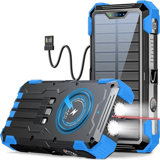 Solar Charger Power Bank, 42800mAh Wireless Portable Charger with USB-C in/Output, QC3.0 Fast Charging 15W 4 Ports Outdoor Battery Pack Built-in LED Flashlight, for iPhone, Galaxy, iPad etc