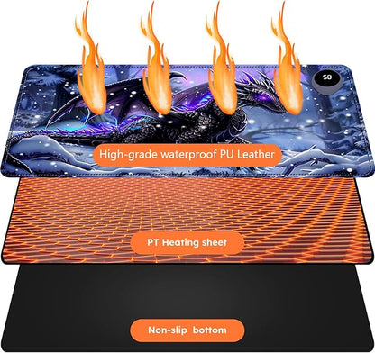 Heated Mouse Pad with 3 Levels Heated & 3 Hours Auto Shut-Off Mouse Pad for Warming Hands in Office Home, 31.5" x 13"Large Safe Desk Mat Hand Warmer，Purple Flying Dragon