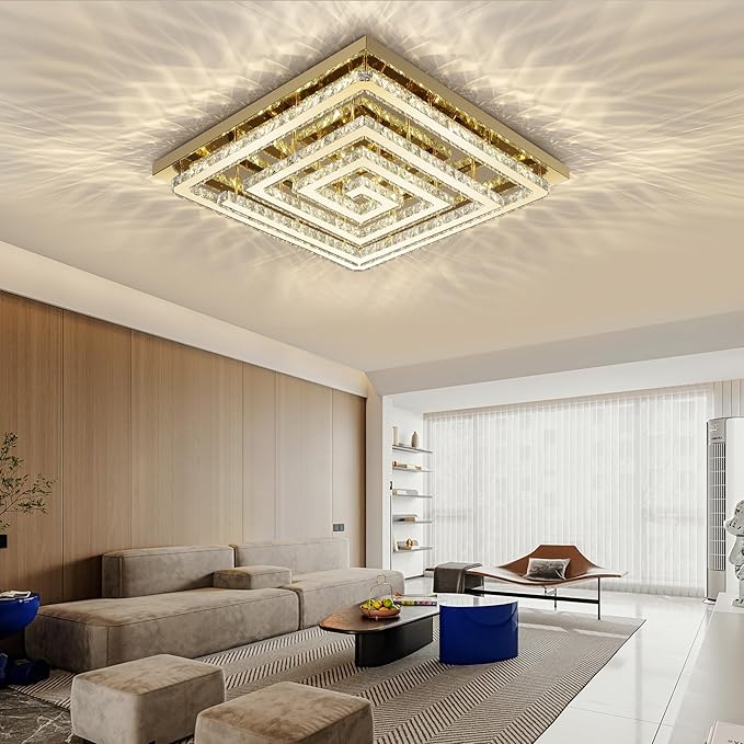 43" Modern Gold Crystal Chandelier with Remote/App Control, Dimmable Flush Mount Ceiling Light Fixture,3-Color Temperature, Led Ceiling Lamp for LivingRoom Bedroom Kitchen DiningRoom Entryway