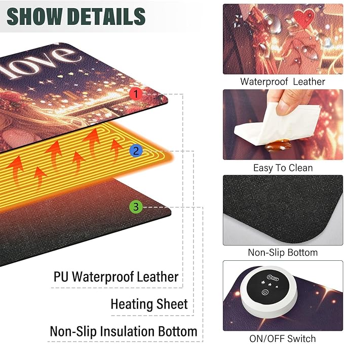 Large Heated Mouse Pad,Leather Desk Mat,31.5"x13",Hand Warmer Pads for Desk,Love(Love)