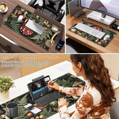 Small Heated Desk Pad 23.6" x 14.2" – Compact Electric Mouse Pad with 3 Heating Levels, Auto Shut-Off, Waterproof PU Surface, Plug-in Warmer for Office or Home Use, Forest Mushrooms