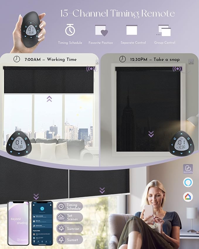 Graywind Motorized Solar Shades Compatible with Alexa Google Hardwired WiFi Smart Light Filtering Blind Remote Control Automated Blinds Electric Window Shade, Custom Size (5% Openness Black)