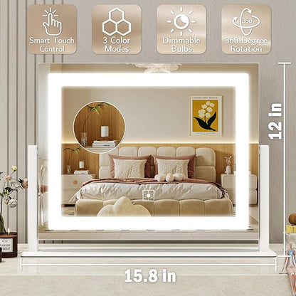 ROLOVE 16x12 Inch Vanity Mirror with Lights, Lighted Makeup Mirror with 10X Magnification, Smart Touch 3 Colors Dimmable, Dresser Mount, Bathroom (White)