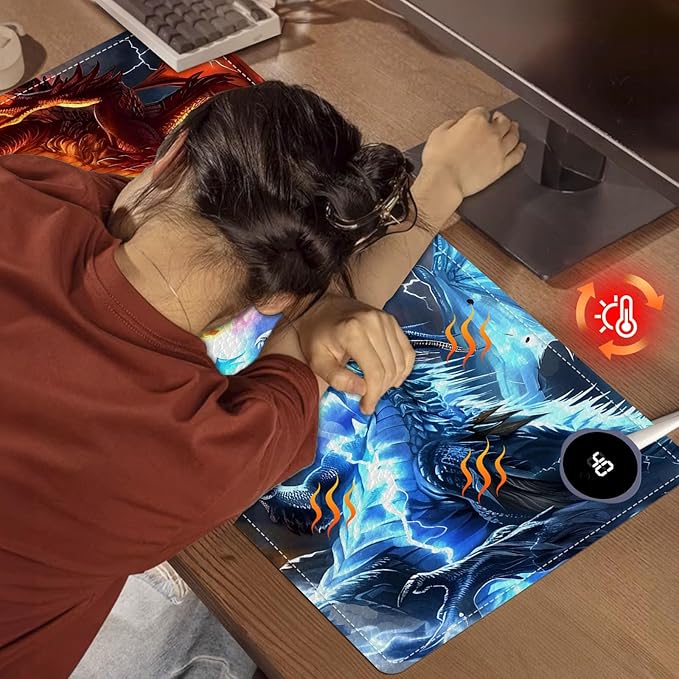 Heated Mouse Pad, Warm Desk Pad, Keyboard Mat 31.5 x 13 Inch Large Size Intelligent Fast Heating, 3 Speed Adjustable, Timed Auto Power Off for Game Office Home,Dragons Gather