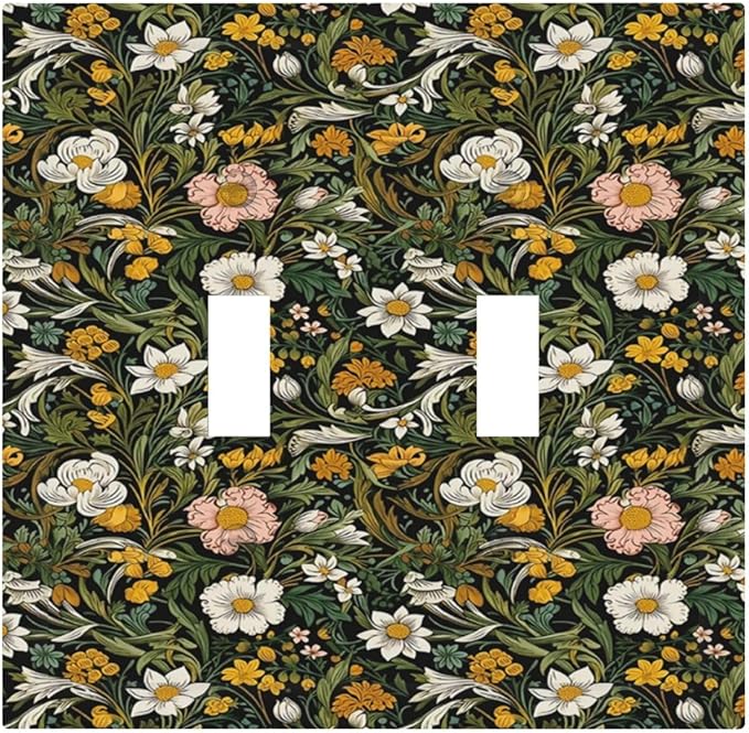 Decorative Light Switch Plate Covers Rustic Green Leaf White Daisy Yellow Floral 2 Gang Light Switch Cover Plate Unique Double Toggle Wall Plate Outlet Covers Faceplate for Bedroom Decor