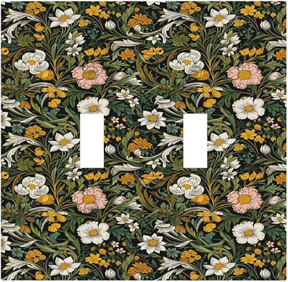 Decorative Light Switch Plate Covers Rustic Green Leaf White Daisy Yellow Floral 2 Gang Light Switch Cover Plate Unique Double Toggle Wall Plate Outlet Covers Faceplate for Bedroom Decor