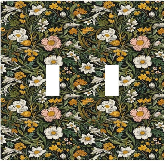 Decorative Light Switch Plate Covers Rustic Green Leaf White Daisy Yellow Floral 2 Gang Light Switch Cover Plate Unique Double Toggle Wall Plate Outlet Covers Faceplate for Bedroom Decor