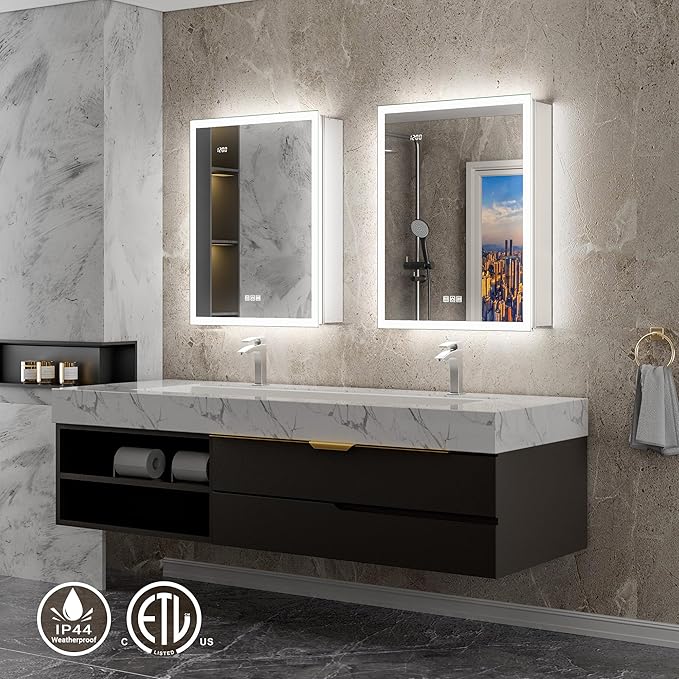 24x32 Medicine Cabinet Mirror with Double Lights & Clock, Front+Backlit Surface or Recessed Fogless Lighted Medicine Cabinet Mirror, 155°Soft-close Right Hinge,Time-Display,Outlet,Inner Light