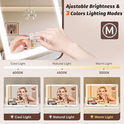 Vanity Mirror with Lights, 32"x22" Hollywood Lighted Makeup Mirror for Tabletop & Bedroom 3 Color Lighting Modes Smart Touch Control 360° Rotation Detachable