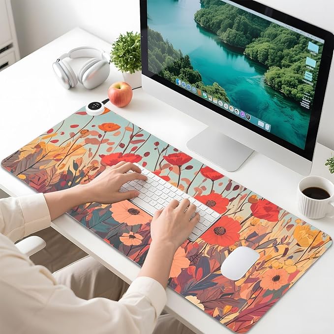 Heated Desk Pad Mouse Pad 31.5x13 Inch PU Leather Desk Mat with 3 Heat Levels Large Mouse Gaming Computer Laptop Mat Autumn Poppy Flowers