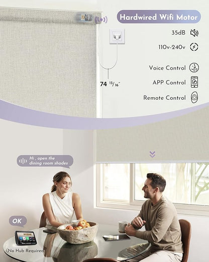 Graywind Smart Blackout Roller Shades Compatible with Alexa Google WiFi Hardwired Triple Weaved Fabric Motorized Blinds Remote Window Shades, Custom Size (Beige White)