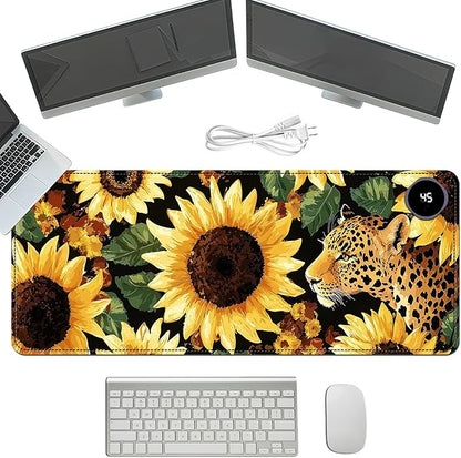 Heated Mouse Pad with 3 Temperature Settings(104°F–122°F),Large 31.5x13 Inch PU Leather Heated Desk Mat,Waterproof Warming Pad for Office,Gaming & Cold Hands Relief,Sunflowers Leopard Print