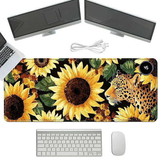Heated Mouse Pad with 3 Temperature Settings(104°F–122°F),Large 31.5x13 Inch PU Leather Heated Desk Mat,Waterproof Warming Pad for Office,Gaming & Cold Hands Relief,Sunflowers Leopard Print