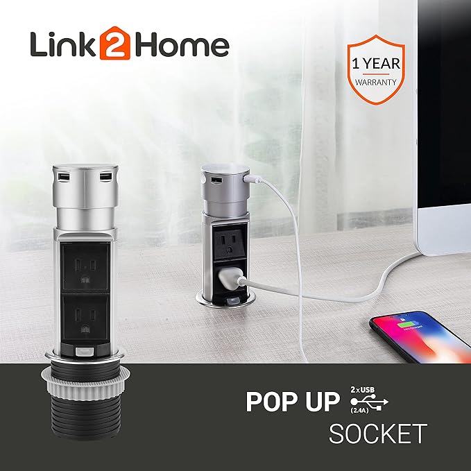 Link2Home Space Saver Pop Up-Outlet, 2 Power Outlets, 2 USB Ports 2.4 Amp, Overload Protection, Splash Resistant EM-PU-200E