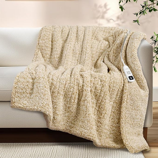 Heated Blanket Electric Blanket Throw - Fast Heating Blanket Throw Double Sided Sherpa Ultra Soft Cozy with 10 Heating Levels & 2-10 Hours Auto Off, Mashine Washable, 50 x 60 Inches, Camel