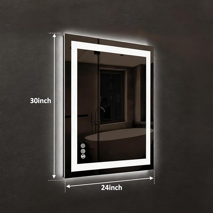 ROOMTEC 24 x 30 Inches LED Bathroom Mirror with Front and Backlit,Anti-Fog,3 Colors and Dimmable Light(Horizontal/Vertical), Silver