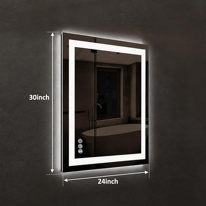 ROOMTEC 24 x 30 Inches LED Bathroom Mirror with Front and Backlit,Anti-Fog,3 Colors and Dimmable Light(Horizontal/Vertical), Silver
