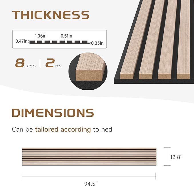 Wood Slat Wall Panels, 2 Pack 8 x 1 ft Decorative Wood Panels for Wall,Stylish Wall Panels for Interior Wall Decor, Modern Acoustic Wood Wall Panels with Felt Backing, Natural