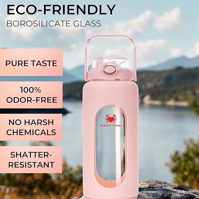 64 oz Glass Water Bottle – Pink | Half Gallon Borosilicate Bottle with Straw, Silicone Sleeve, Time Marker – Cute Leakproof Water Jug for Women, Gym, Travel