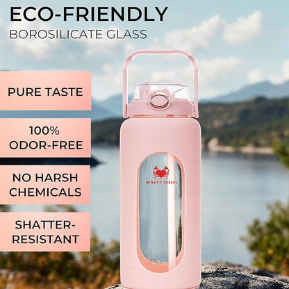64 oz Glass Water Bottle – Pink | Half Gallon Borosilicate Bottle with Straw, Silicone Sleeve, Time Marker – Cute Leakproof Water Jug for Women, Gym, Travel
