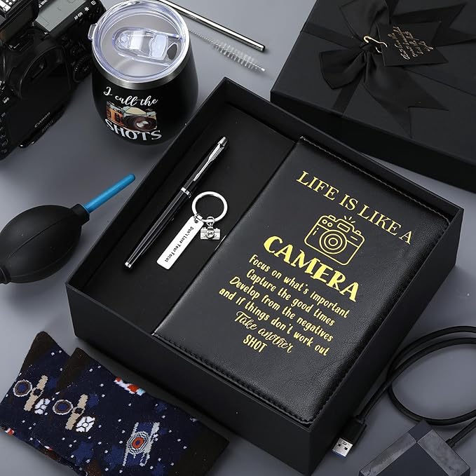 6 Pcs Photographer Gifts for Camera Lovers for Men Women 12 oz Stainless Steel Cup Socks Keychain Pen Notebook Box for Christmas Photography & Travelers Lovers