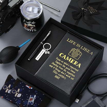6 Pcs Photographer Gifts for Camera Lovers for Men Women 12 oz Stainless Steel Cup Socks Keychain Pen Notebook Box for Christmas Photography & Travelers Lovers