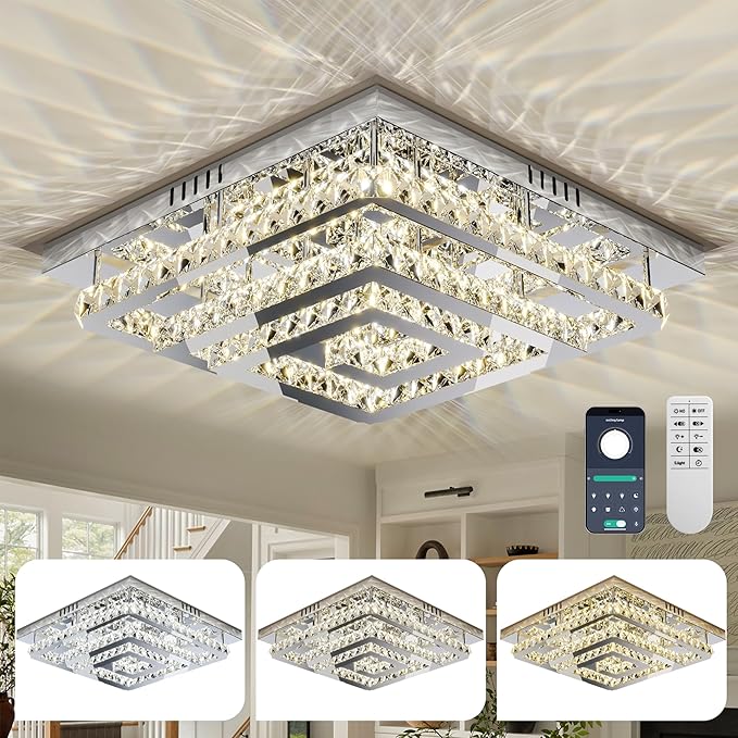34" Modern Crystal Chandelier with Remote/App Control, Dimmable Flush Mount Ceiling Light Fixture, 3-Color Temperature, Led Ceiling Lamp for Living Room Bedroom Kitchen Dining Room Entryway