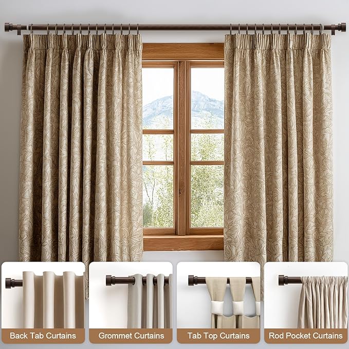 2 Pack Deep Walnut Wood Grain Curtain Rods for Windows 72 to 144 Inches 1" Diameter Heavy Duty Window Curtain Rod Adjustable with Solid Finials for Living Room Bedroom Kitchen Farmhouse Outdoor