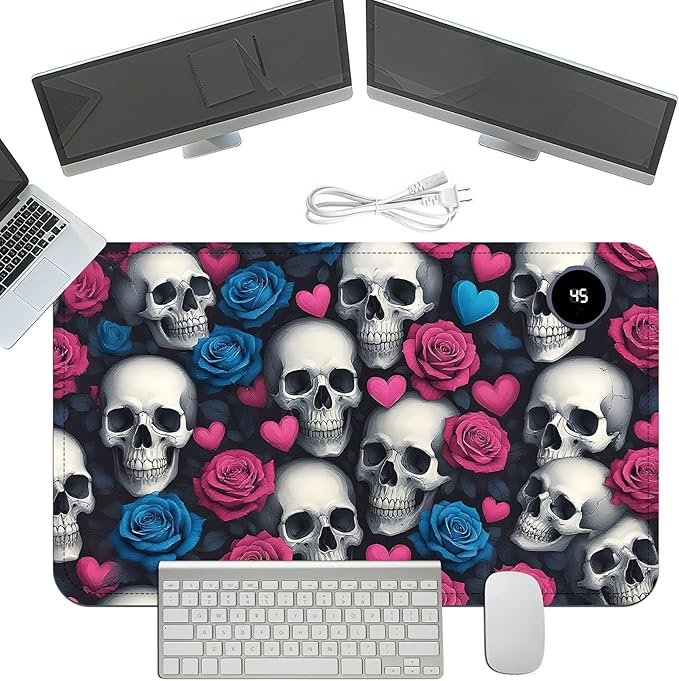 Heated Mouse Pad with 3 Temperature Settings(104°F–122°F),Large 24x14.2 Inch PU Leather Heated Desk Mat,Waterproof Warming Pad for Office,Gaming & Cold Hands Relief,Skeleton Skulls Flower