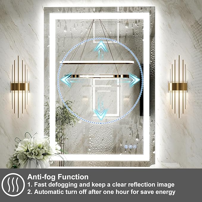 GLSLAND 26"x38" LED Bathroom Mirror with Lights, Dimmable Front and Backlit Vanity Mirrors, Wall Mounted Anti-Fog Lighted Mirror, Horizontal/Vertical Hanging