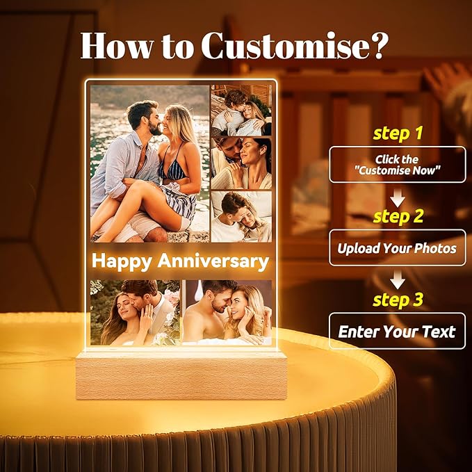 Custom Picture Frames with Photo, Customized Picture Frame with Night Light, Personalized Photo Frame, Personalized Anniversary Birthday Valentines Day Gifts for Women Men Her Him Couple