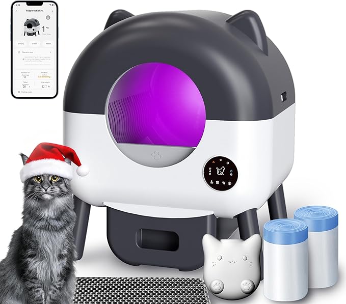 Automatic Self Cleaning Litter Box, MeowWhimsy Extra Large Automatic Cat Litter Box Self Cleaning Robot S7 for Cats, Smart Safety Sensors-App Control-Low Noise, Washable Tray,40 pcs Trash Bag
