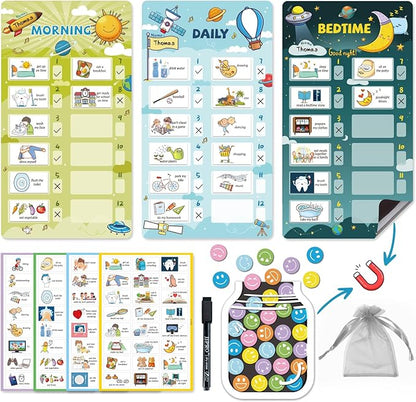 JJPRO Magnetic Bedtime/Morning/Daily Routine Chart for Kids with Reward Jar-Bedtime Checklist Toddler Reward Jar,Magnetic Chore Chart for Kids,Daily Routine Reward Chart -Outer Space