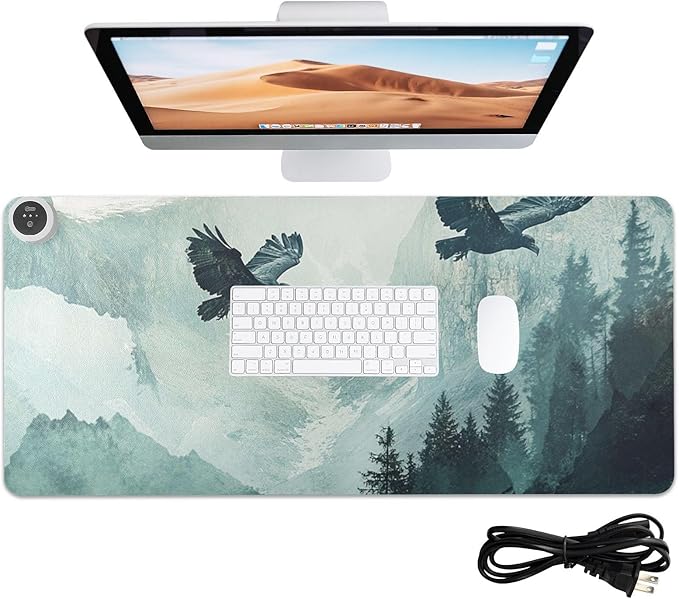 Heated Desk Pad Mouse Pad 31.5x13 Inch PU Leather Desk Mat with 3 Heat Levels Large Mouse Gaming Computer Laptop Mat Bald Eagle Mountains Green01