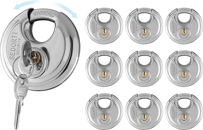 10-Pack Discus Padlocks Keyed Alike, 2-3/4 inch Wide, Stainless Steel 304 Round Lock, Waterproof and Rustproof Storage Lock with Brass Keys, Ideal for Storage Unit Gate, Outdoor, Shed, Fence