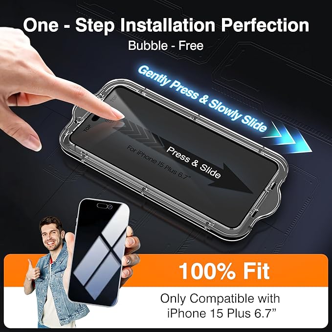 EZ-GLAZ- 4 Pack for iPhone 15 Plus Privacy Screen Protector [6.3"] With 2 Pack Camera Lens Protector, 9H+ Hardness 12FT Military Grade Shatterproof Scratch Resistant Durable Tempered Glass Film with Flawless Fit Kit